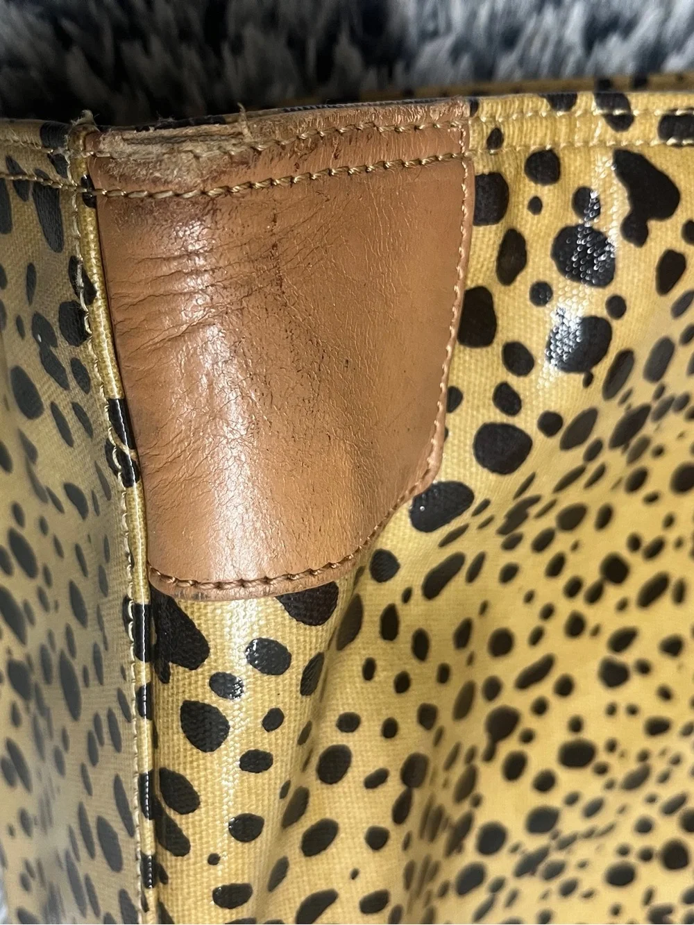 Tory Burch Vintage Ella Tote Animal Print Tan Leather Shiny Coated Canvas Fair